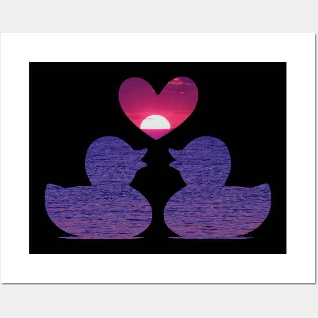 Cute Ducks with Red Heart Sunset Wall Art by Celestial Mystery